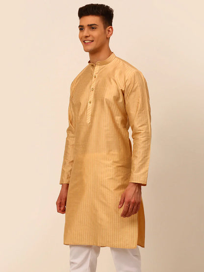Jompers Men's Beige Striped Pleated Chikankari Kurta Only - Distacart
