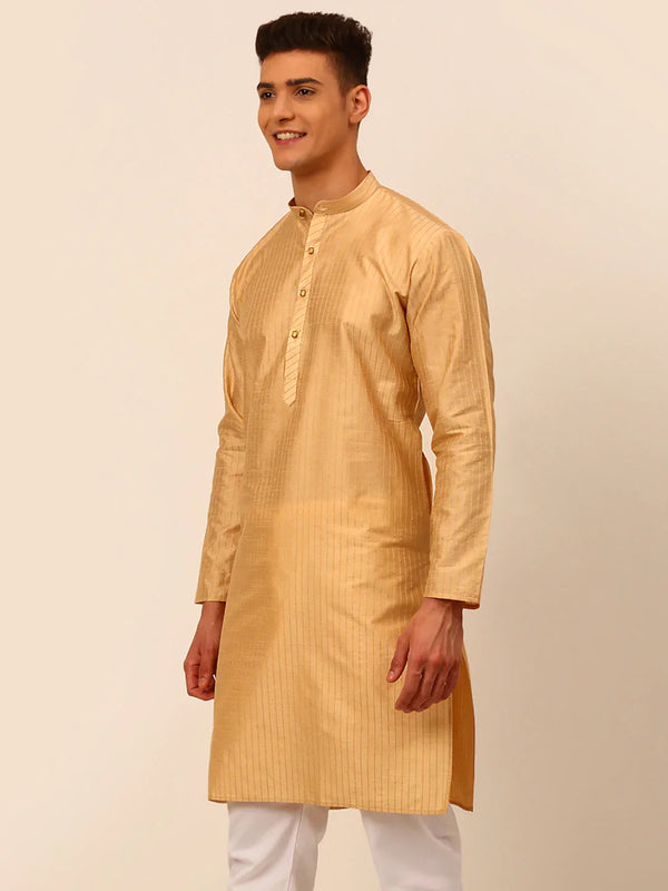Jompers Men's Beige Striped Pleated Chikankari Kurta Only - Distacart