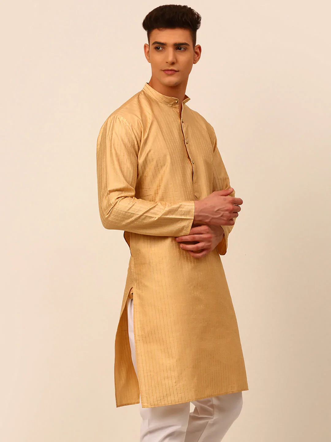 Jompers Men's Beige Striped Pleated Chikankari Kurta Only - Distacart