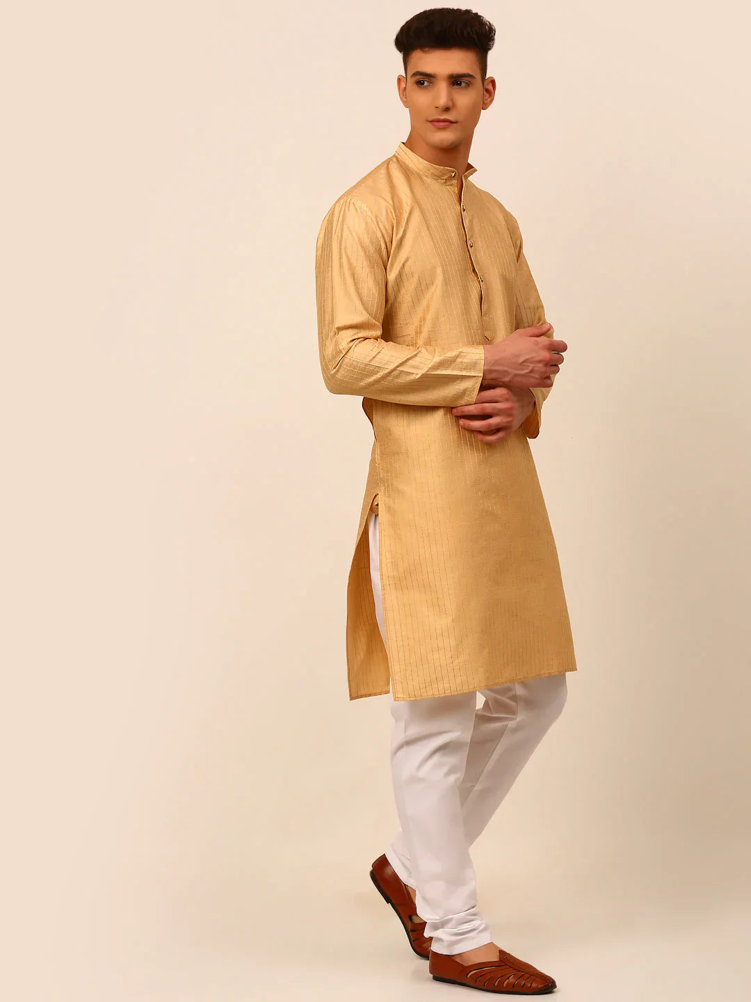 Jompers Men's Beige Striped Pleated Chikankari Kurta pyjama Set - Distacart
