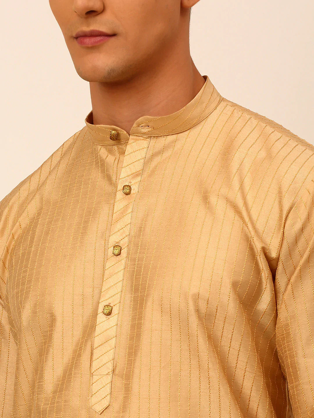 Jompers Men's Beige Striped Pleated Chikankari Kurta pyjama Set - Distacart