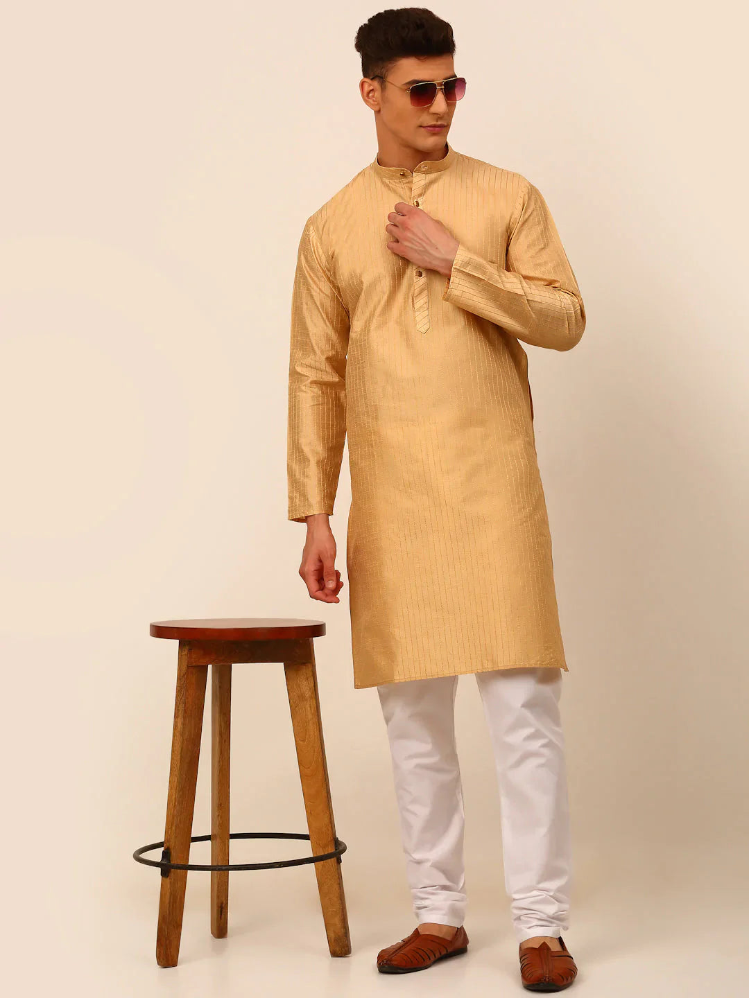 Jompers Men's Beige Striped Pleated Chikankari Kurta pyjama Set - Distacart