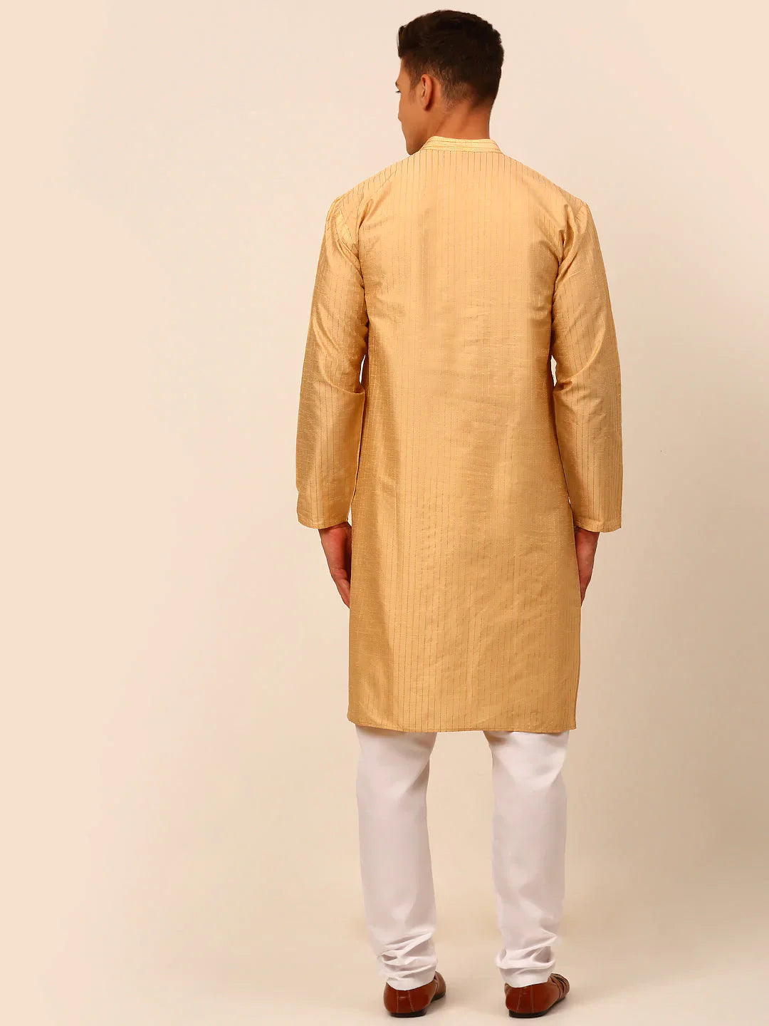 Jompers Men's Beige Striped Pleated Chikankari Kurta pyjama Set - Distacart