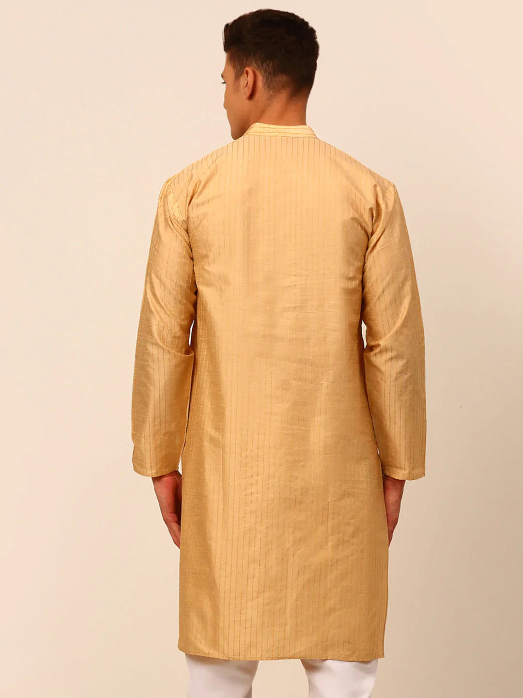 Jompers Men's Beige Striped Pleated Chikankari Kurta Only - Distacart