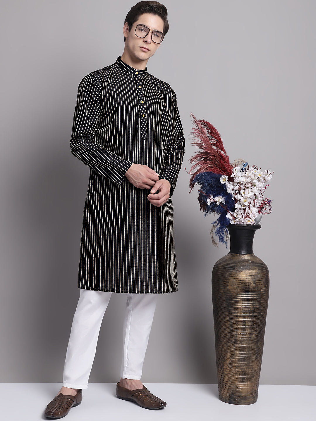 Jompers Men's Black Embroidered Design Kurta with Pyjamas - Distacart