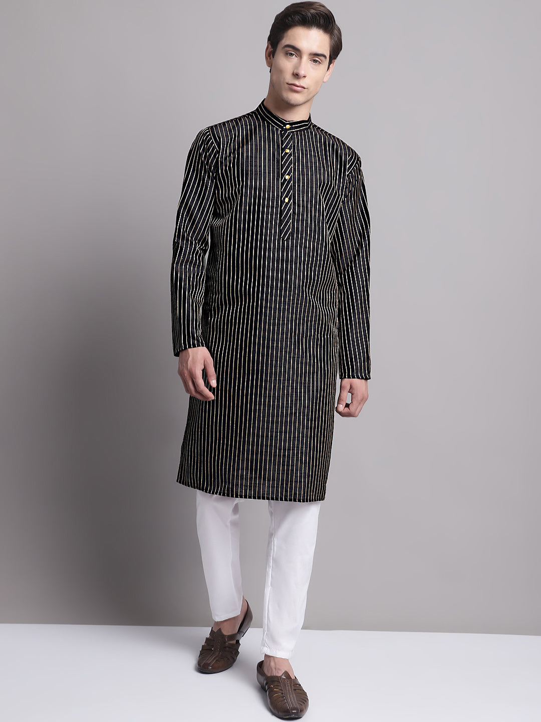 Jompers Men's Black Embroidered Design Kurta with Pyjamas - Distacart