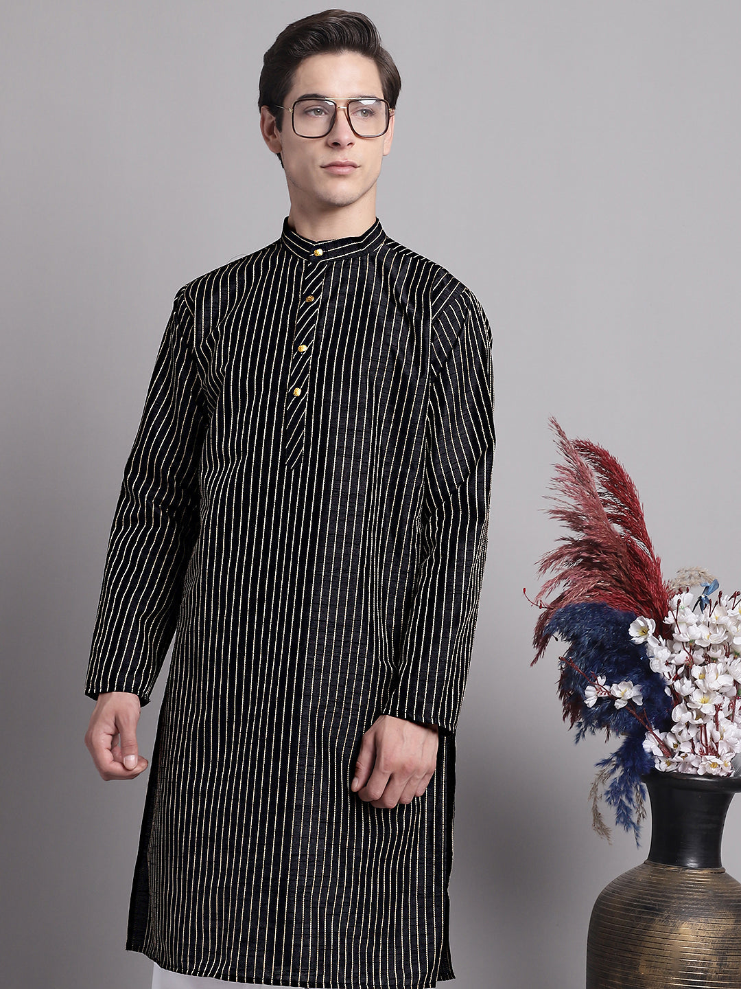 Jompers Men's Black Embroidered Design Kurta with Pyjamas - Distacart