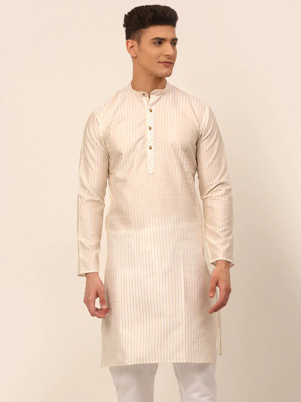 Jompers Men's Cream Striped Pleated Chikankari Kurta Only - Distacart
