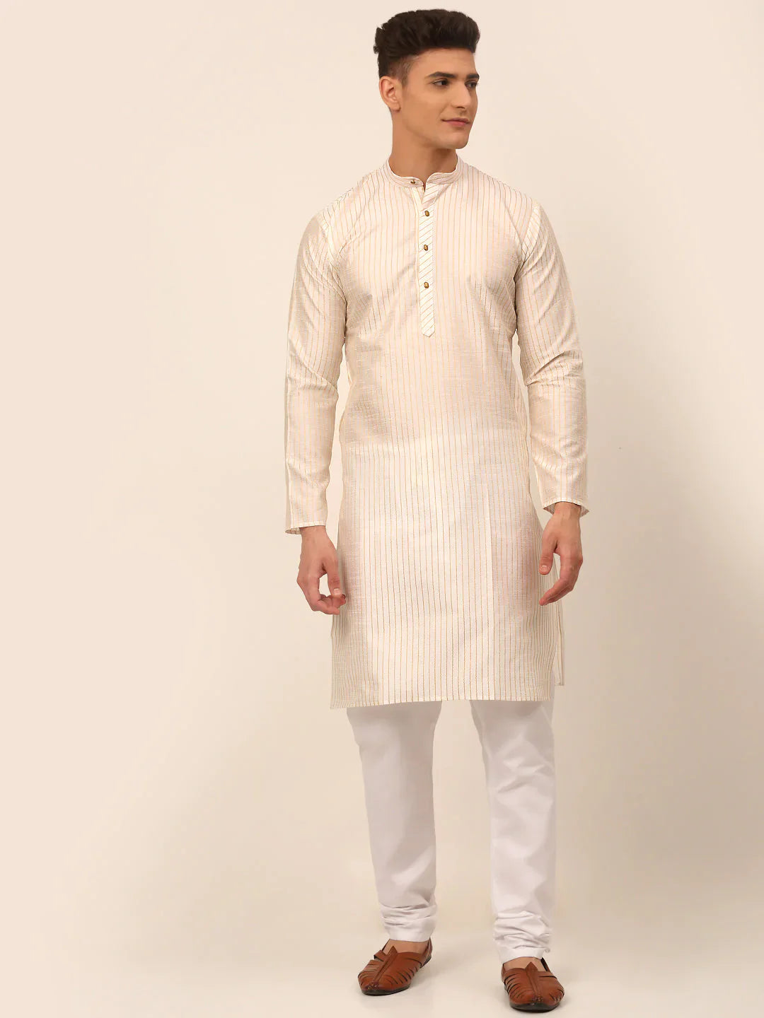 Jompers Men's Cream Striped Pleated Chikankari Kurta pyjama Set - Distacart
