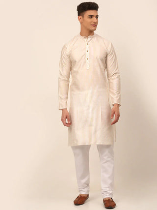 Jompers Men's Cream Striped Pleated Chikankari Kurta pyjama Set - Distacart