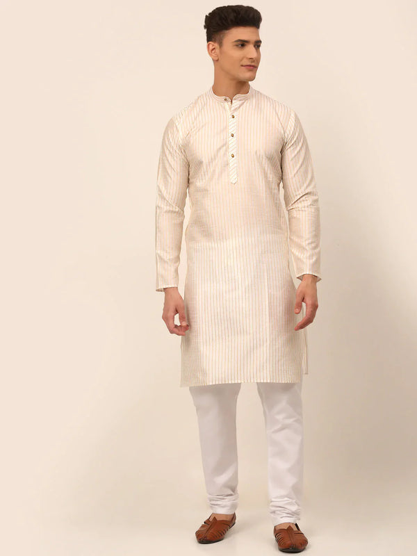 Jompers Men's Cream Striped Pleated Chikankari Kurta pyjama Set - Distacart