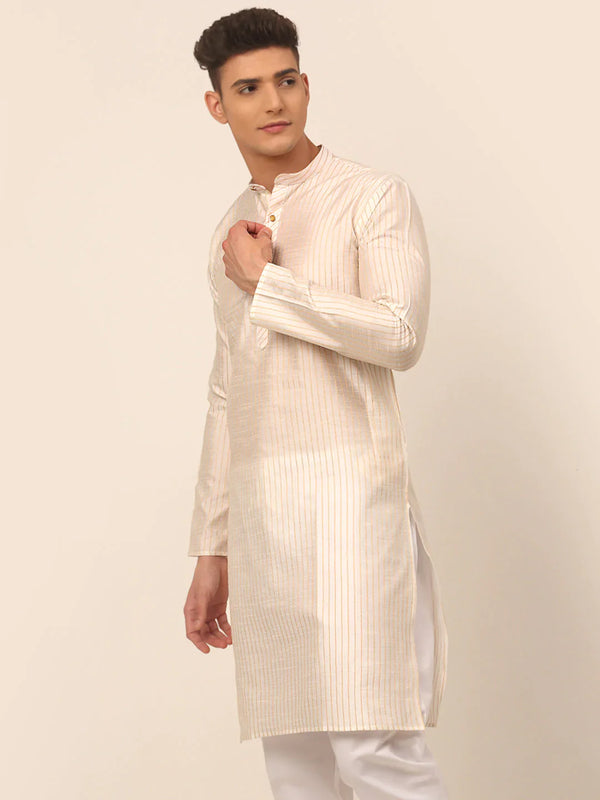 Jompers Men's Cream Striped Pleated Chikankari Kurta Only - Distacart