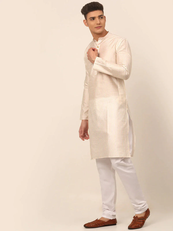 Jompers Men's Cream Striped Pleated Chikankari Kurta pyjama Set - Distacart