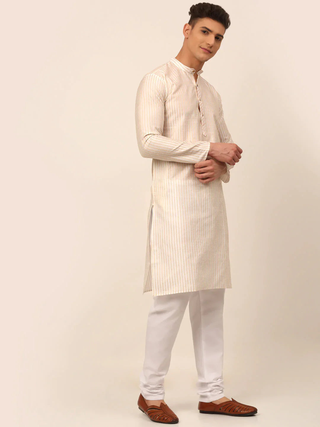 Jompers Men's Cream Striped Pleated Chikankari Kurta pyjama Set - Distacart