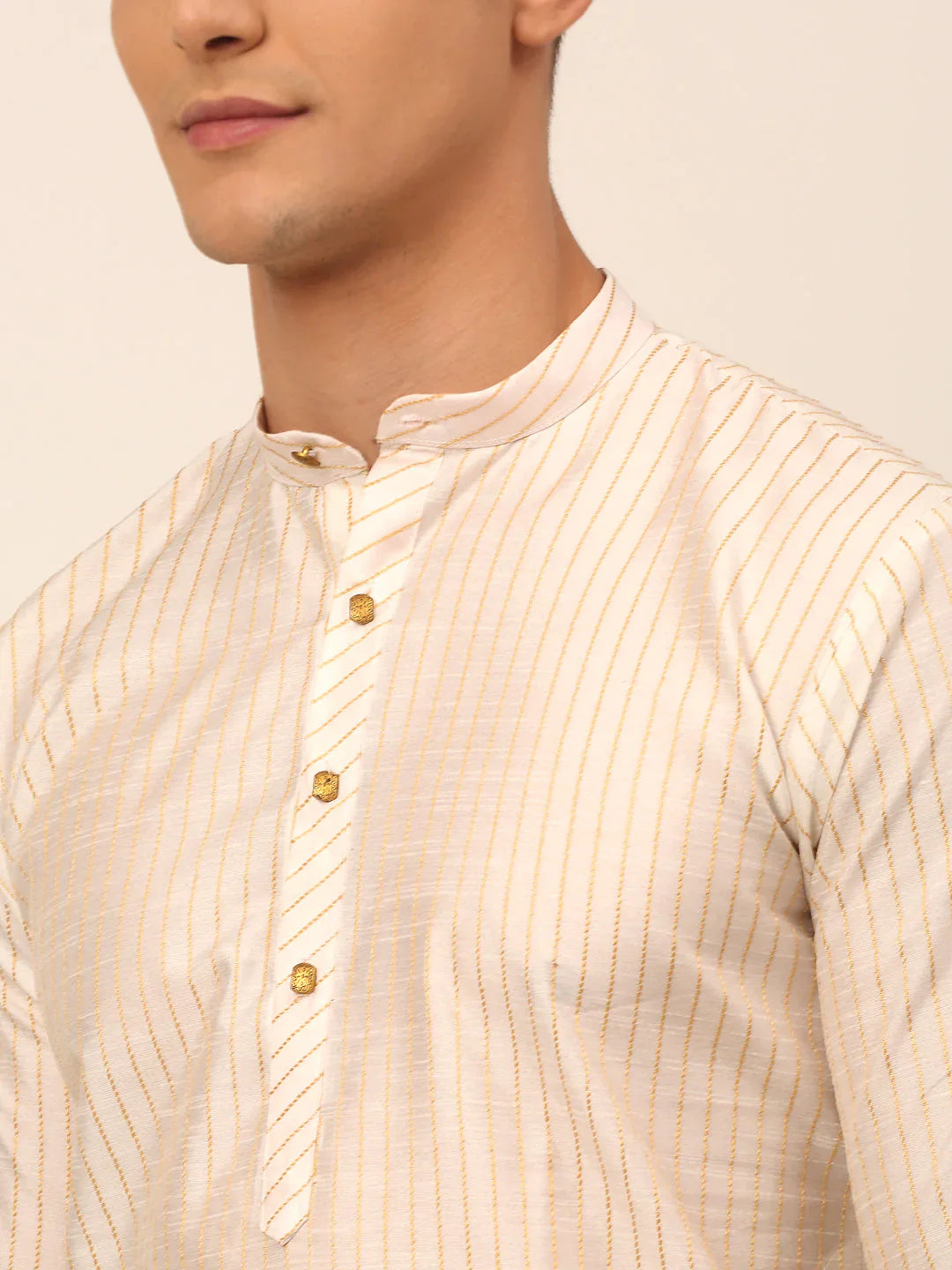 Jompers Men's Cream Striped Pleated Chikankari Kurta pyjama Set - Distacart