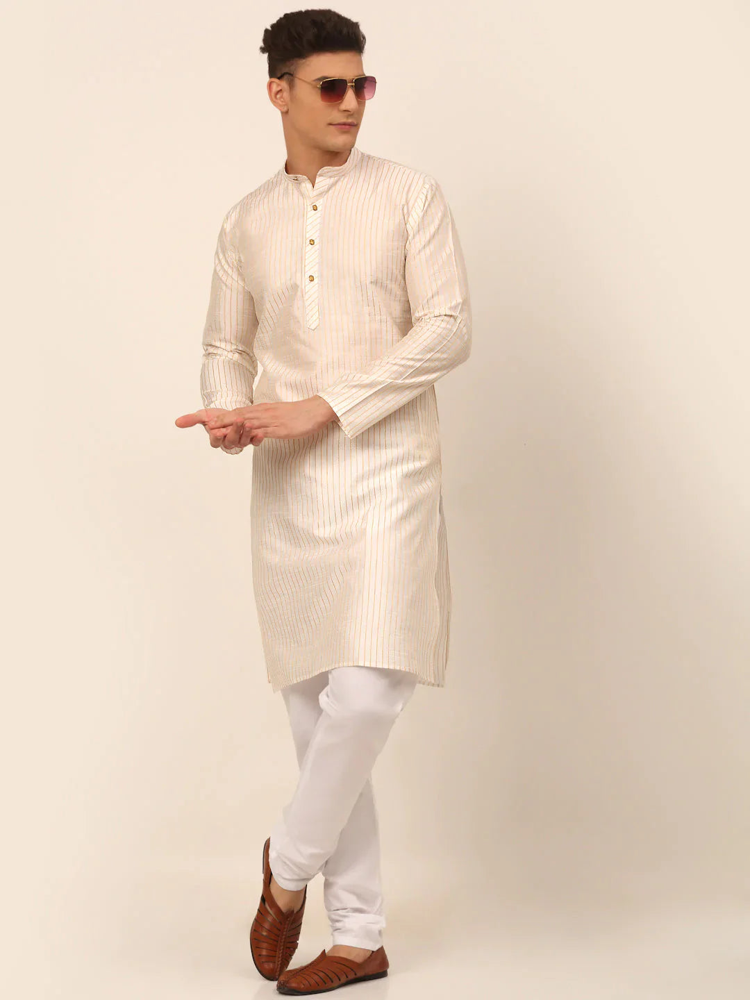 Jompers Men's Cream Striped Pleated Chikankari Kurta pyjama Set - Distacart