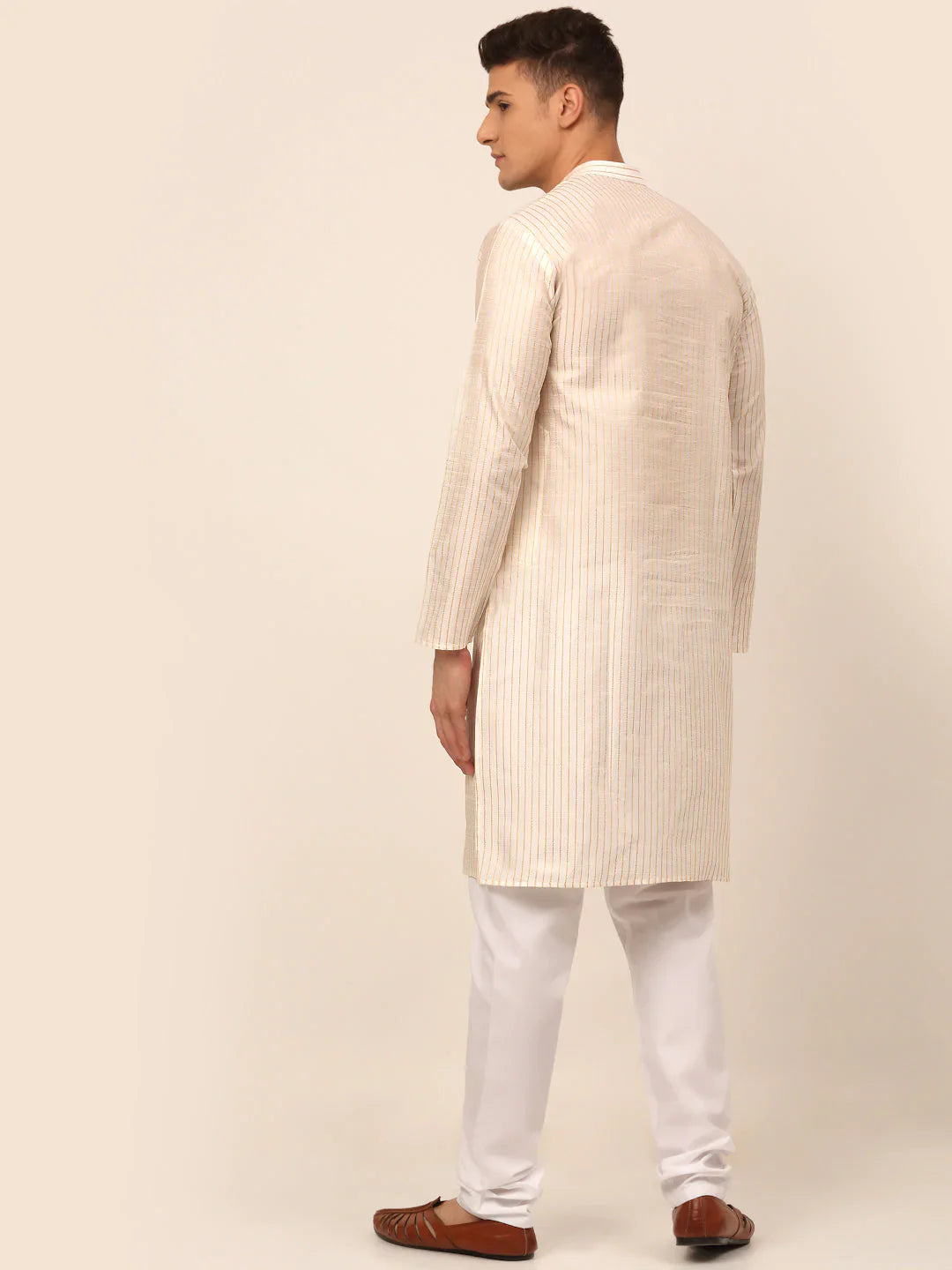 Jompers Men's Cream Striped Pleated Chikankari Kurta pyjama Set - Distacart