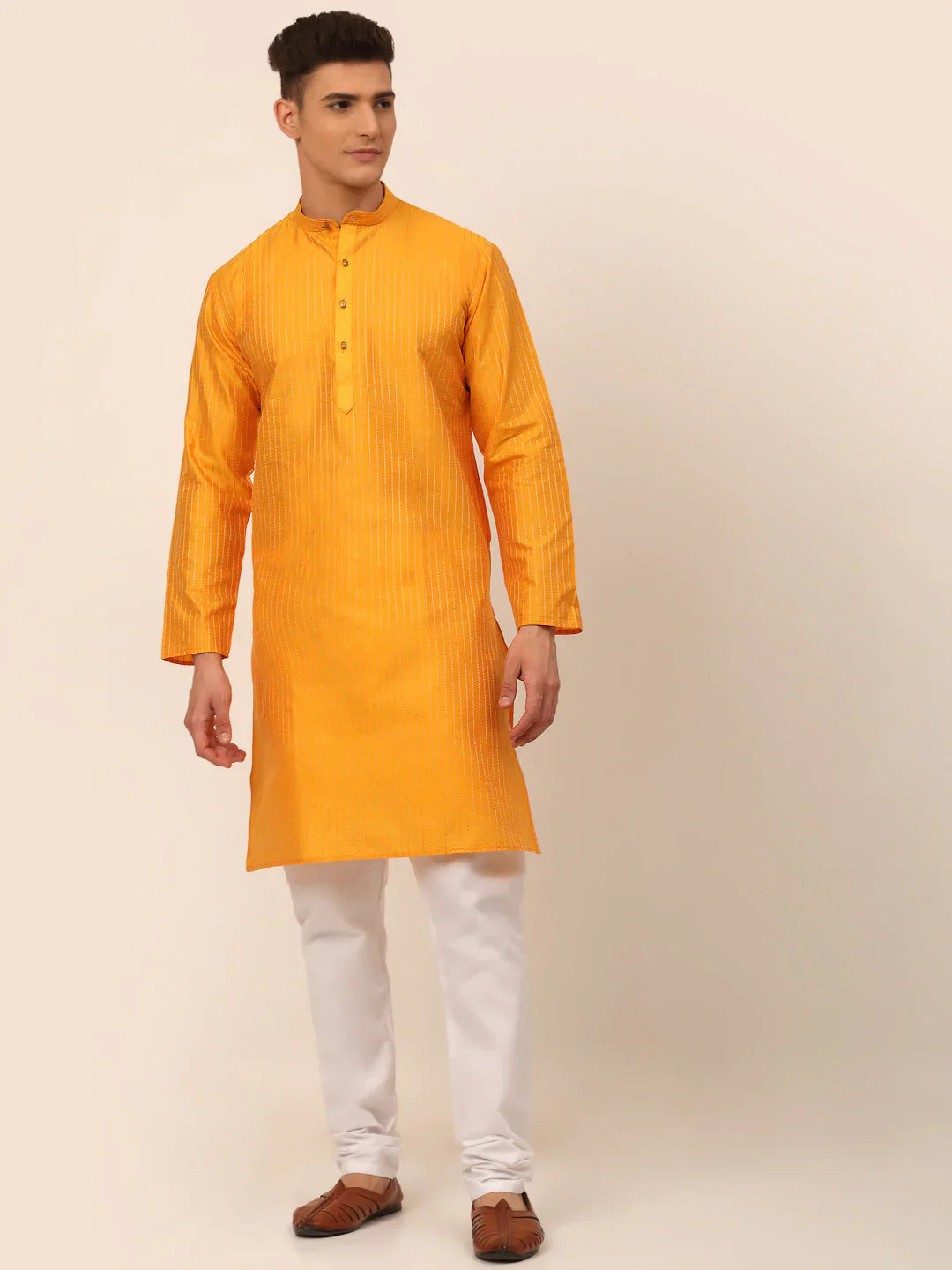 Jompers Men's Mustard Striped Pleated Chikankari Kurta pyjama Set - Distacart