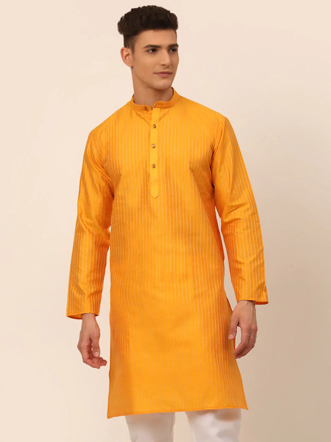 Jompers Men's Mustard Striped Pleated Chikankari Kurta Only - Distacart