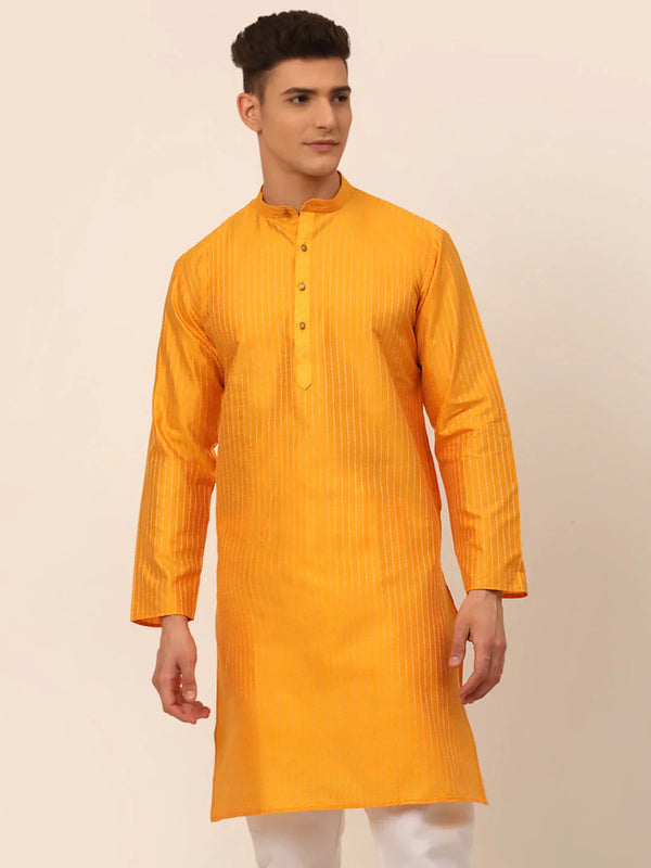 Jompers Men's Mustard Striped Pleated Chikankari Kurta Only - Distacart