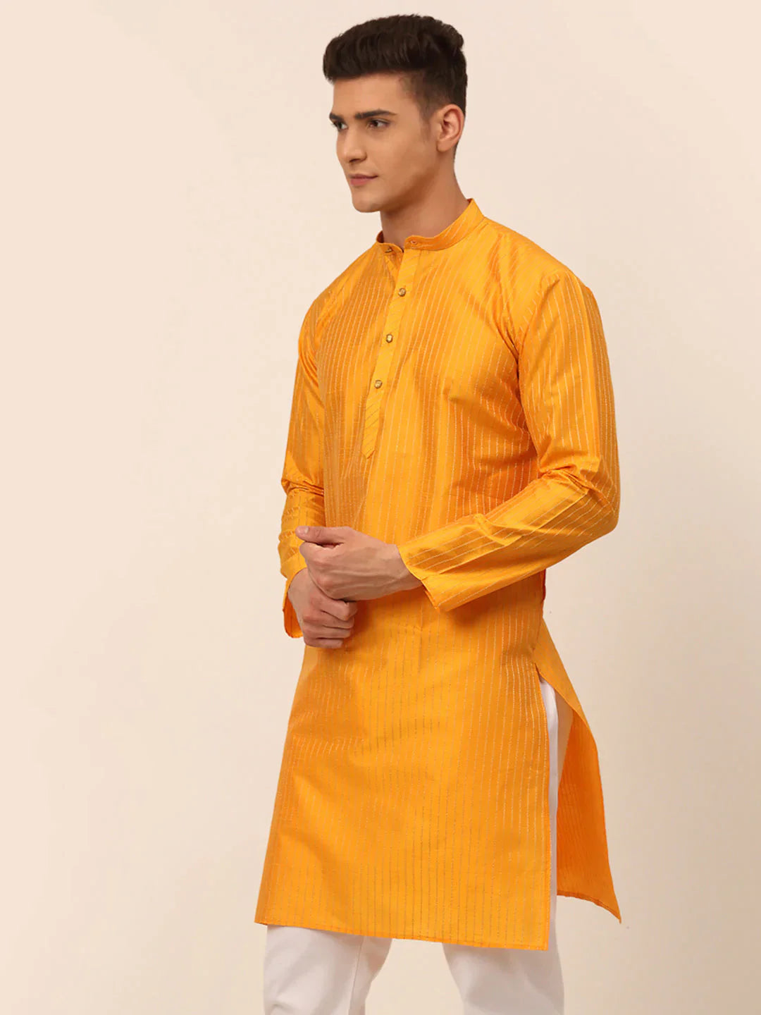 Jompers Men's Mustard Striped Pleated Chikankari Kurta Only - Distacart