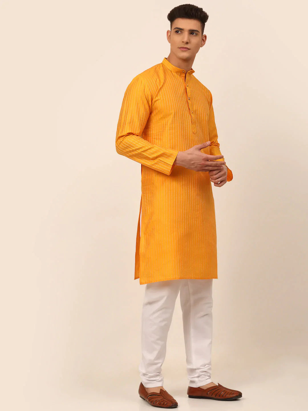 Jompers Men's Mustard Striped Pleated Chikankari Kurta pyjama Set - Distacart