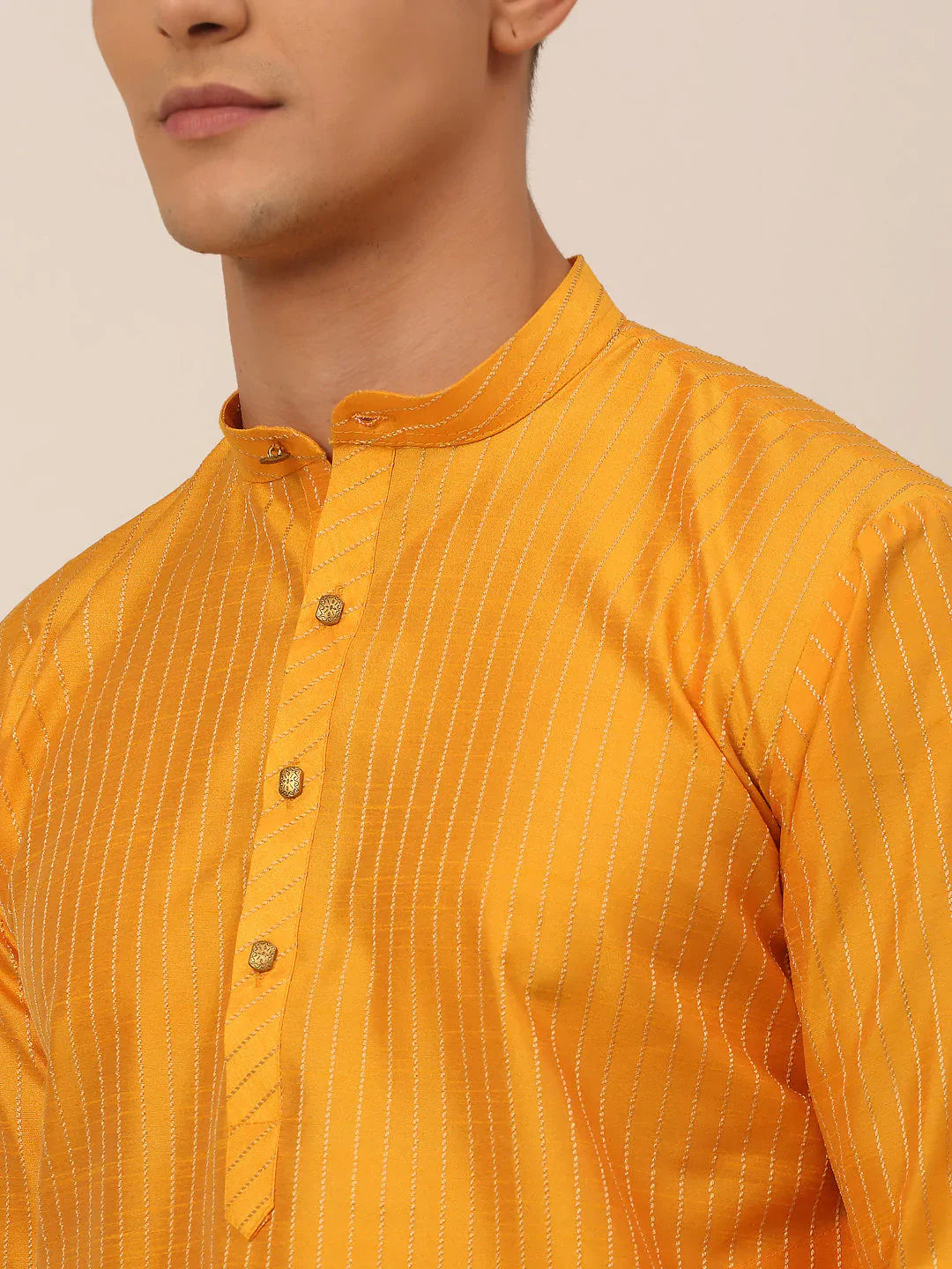 Jompers Men's Mustard Striped Pleated Chikankari Kurta pyjama Set - Distacart