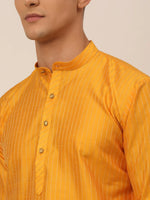 Thumbnail for Jompers Men's Mustard Striped Pleated Chikankari Kurta pyjama Set - Distacart
