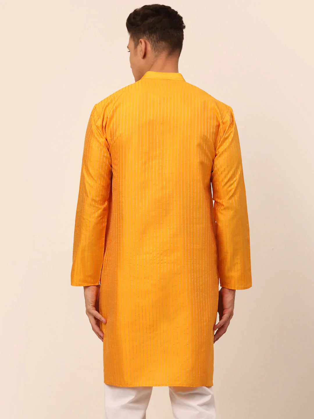Jompers Men's Mustard Striped Pleated Chikankari Kurta Only - Distacart
