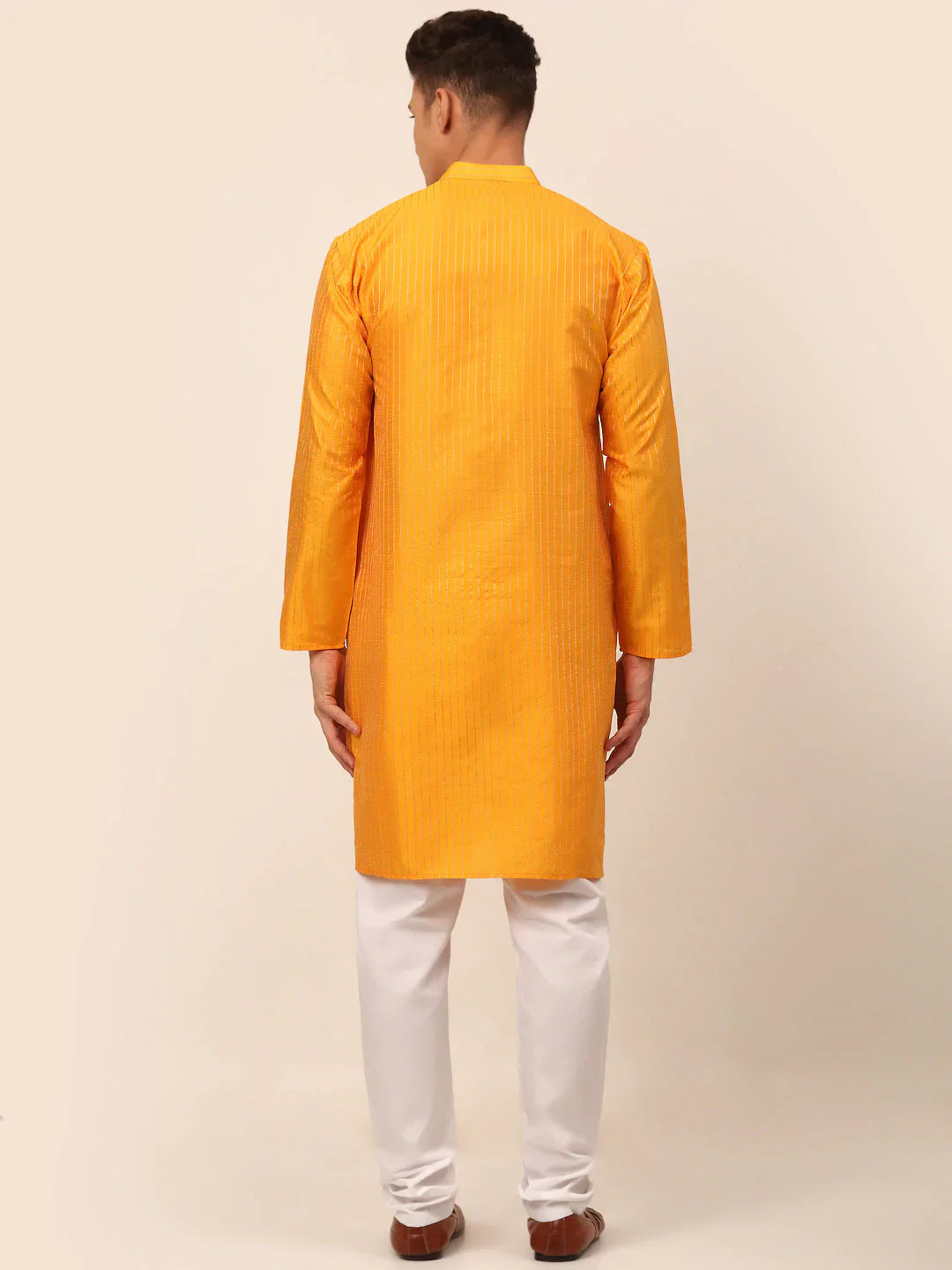 Jompers Men's Mustard Striped Pleated Chikankari Kurta pyjama Set - Distacart