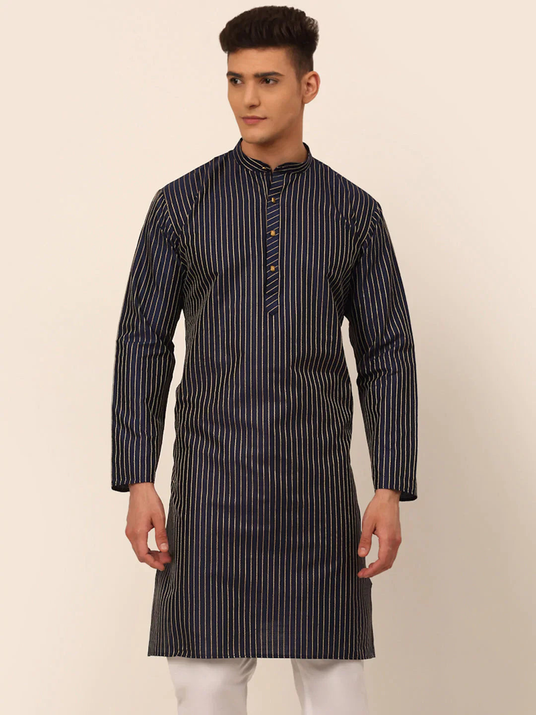 Jompers Men's Navy Blue Striped Pleated Chikankari Kurta Only - Distacart