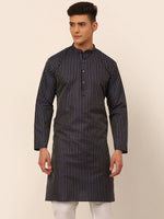 Thumbnail for Jompers Men's Navy Blue Striped Pleated Chikankari Kurta Only - Distacart