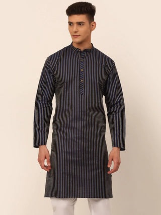Jompers Men's Navy Blue Striped Pleated Chikankari Kurta Only - Distacart