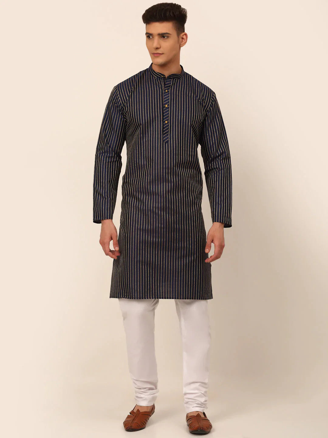 Jompers Men's Navy Blue Striped Pleated Chikankari Kurta pyjama Set - Distacart