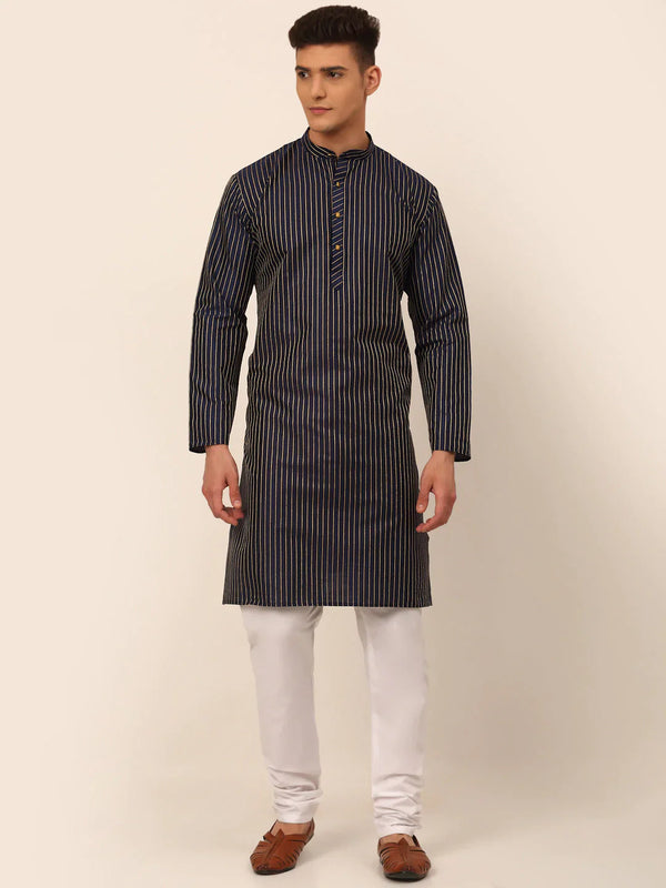 Jompers Men's Navy Blue Striped Pleated Chikankari Kurta pyjama Set - Distacart