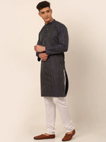 Thumbnail for Jompers Men's Navy Blue Striped Pleated Chikankari Kurta pyjama Set - Distacart