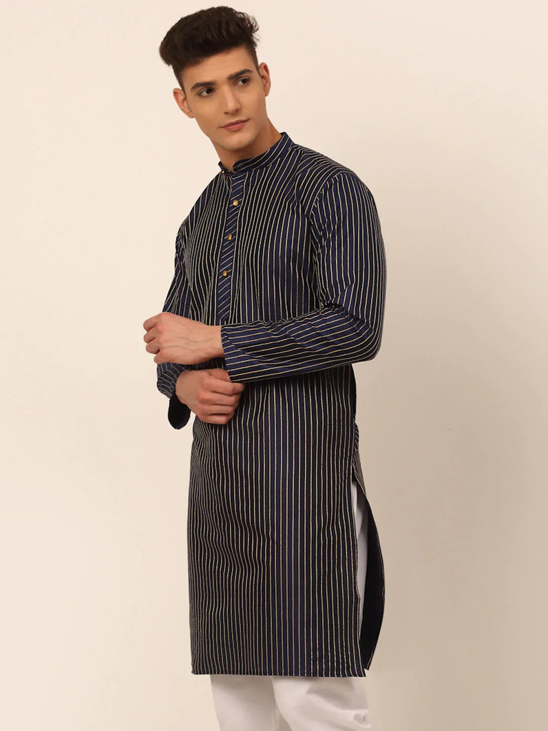 Jompers Men's Navy Blue Striped Pleated Chikankari Kurta Only - Distacart