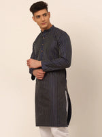 Thumbnail for Jompers Men's Navy Blue Striped Pleated Chikankari Kurta Only - Distacart