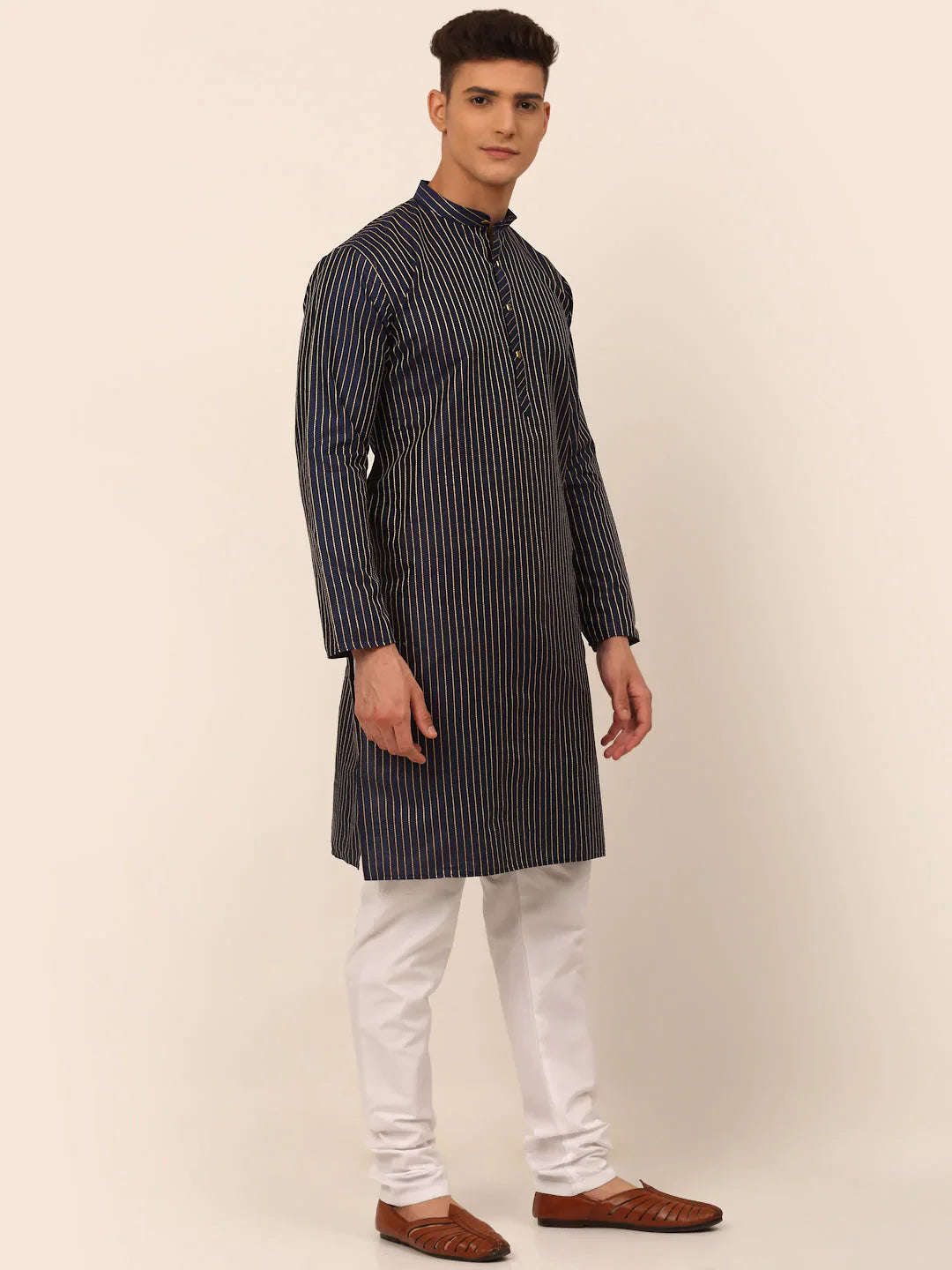Jompers Men's Navy Blue Striped Pleated Chikankari Kurta Only - Distacart