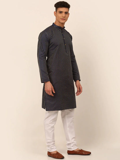 Jompers Men's Navy Blue Striped Pleated Chikankari Kurta Only - Distacart