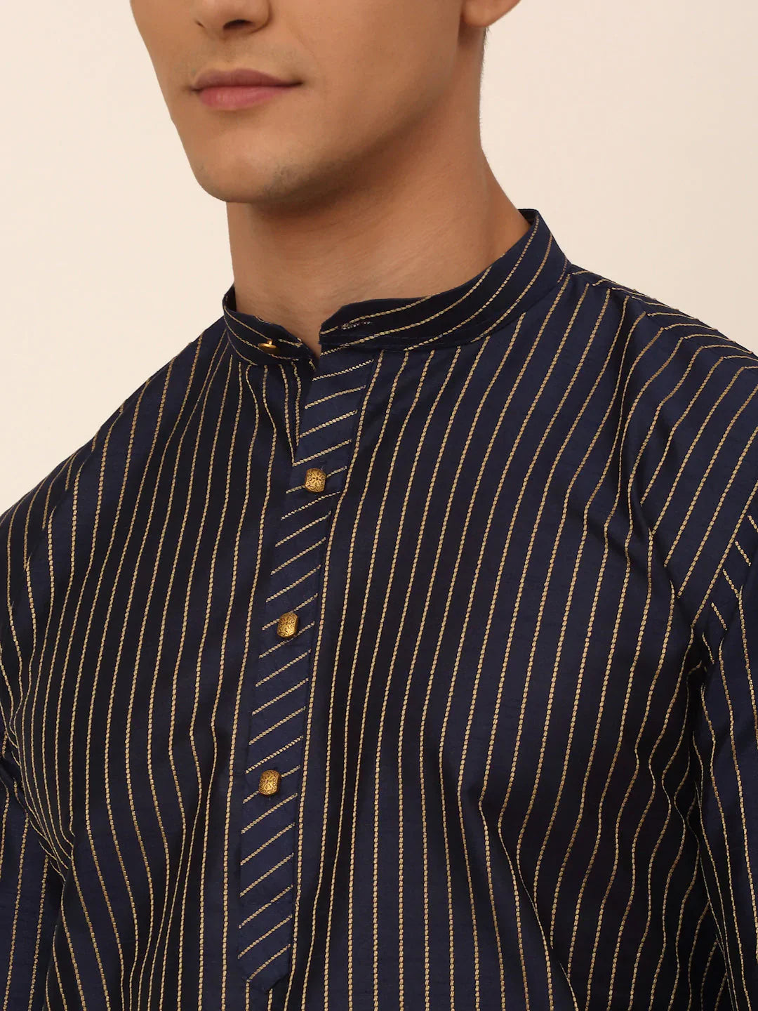 Jompers Men's Navy Blue Striped Pleated Chikankari Kurta pyjama Set - Distacart
