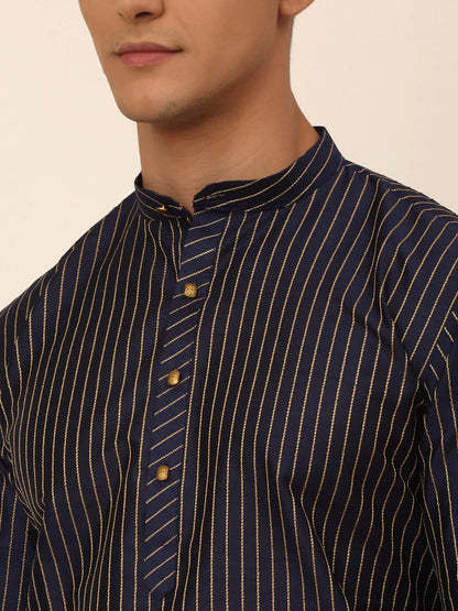 Jompers Men's Navy Blue Striped Pleated Chikankari Kurta Only - Distacart