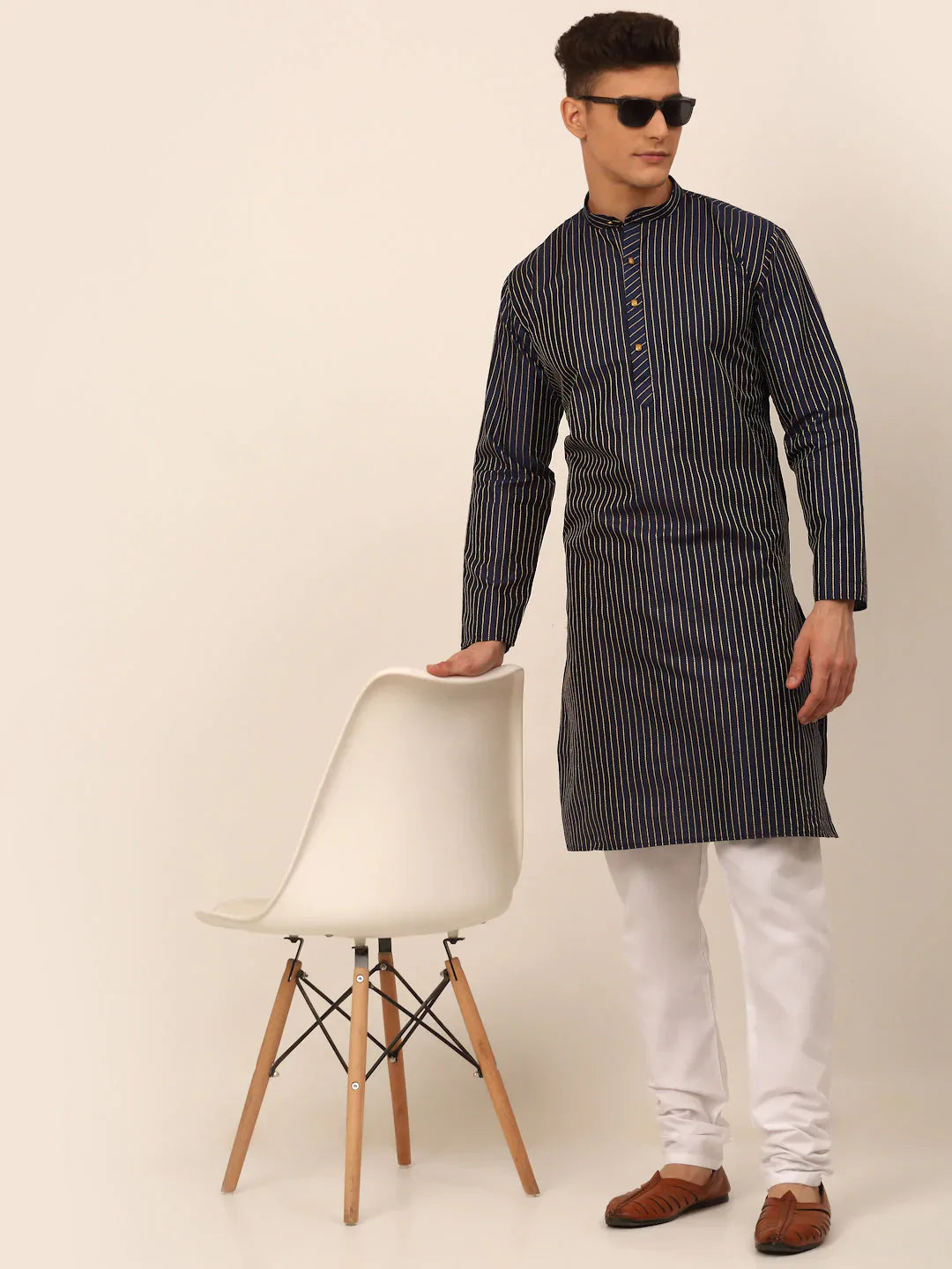 Jompers Men's Navy Blue Striped Pleated Chikankari Kurta Only - Distacart