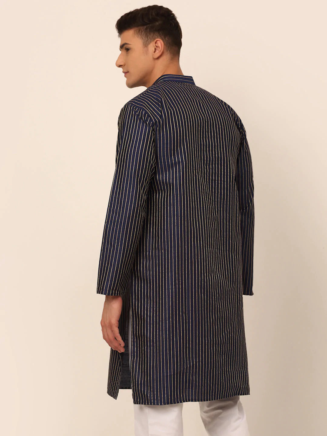 Jompers Men's Navy Blue Striped Pleated Chikankari Kurta Only - Distacart