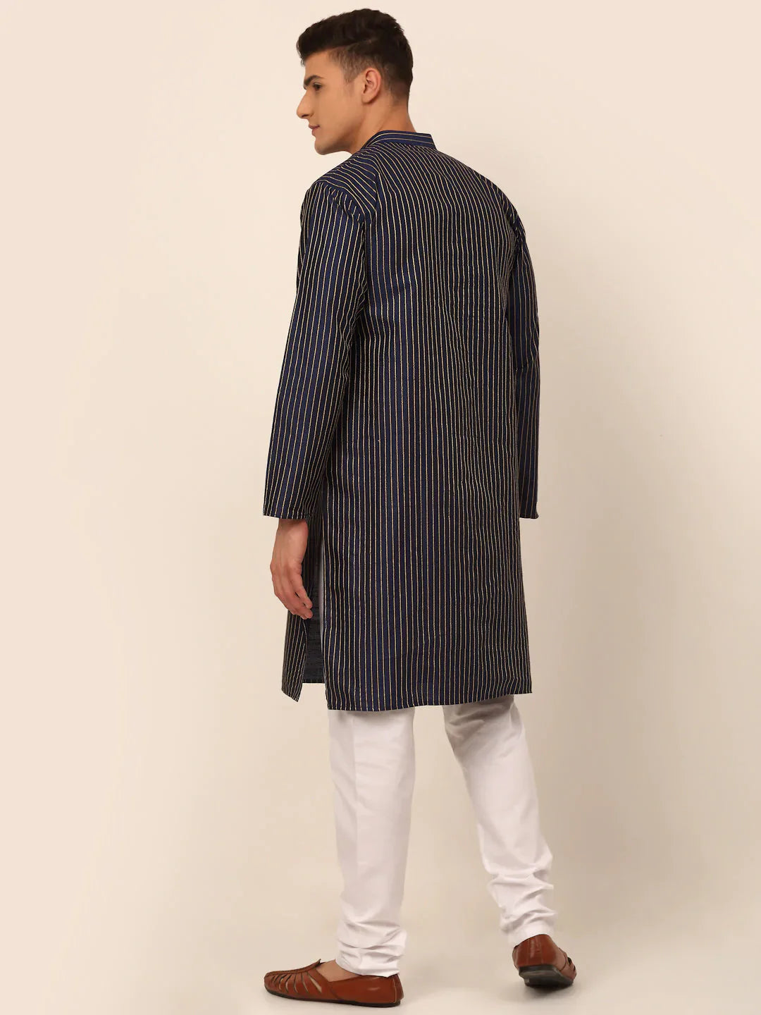 Jompers Men's Navy Blue Striped Pleated Chikankari Kurta pyjama Set - Distacart