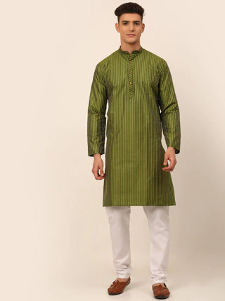 Jompers Men's Olive Green Striped Pleated Chikankari Kurta pyjama Set - Distacart
