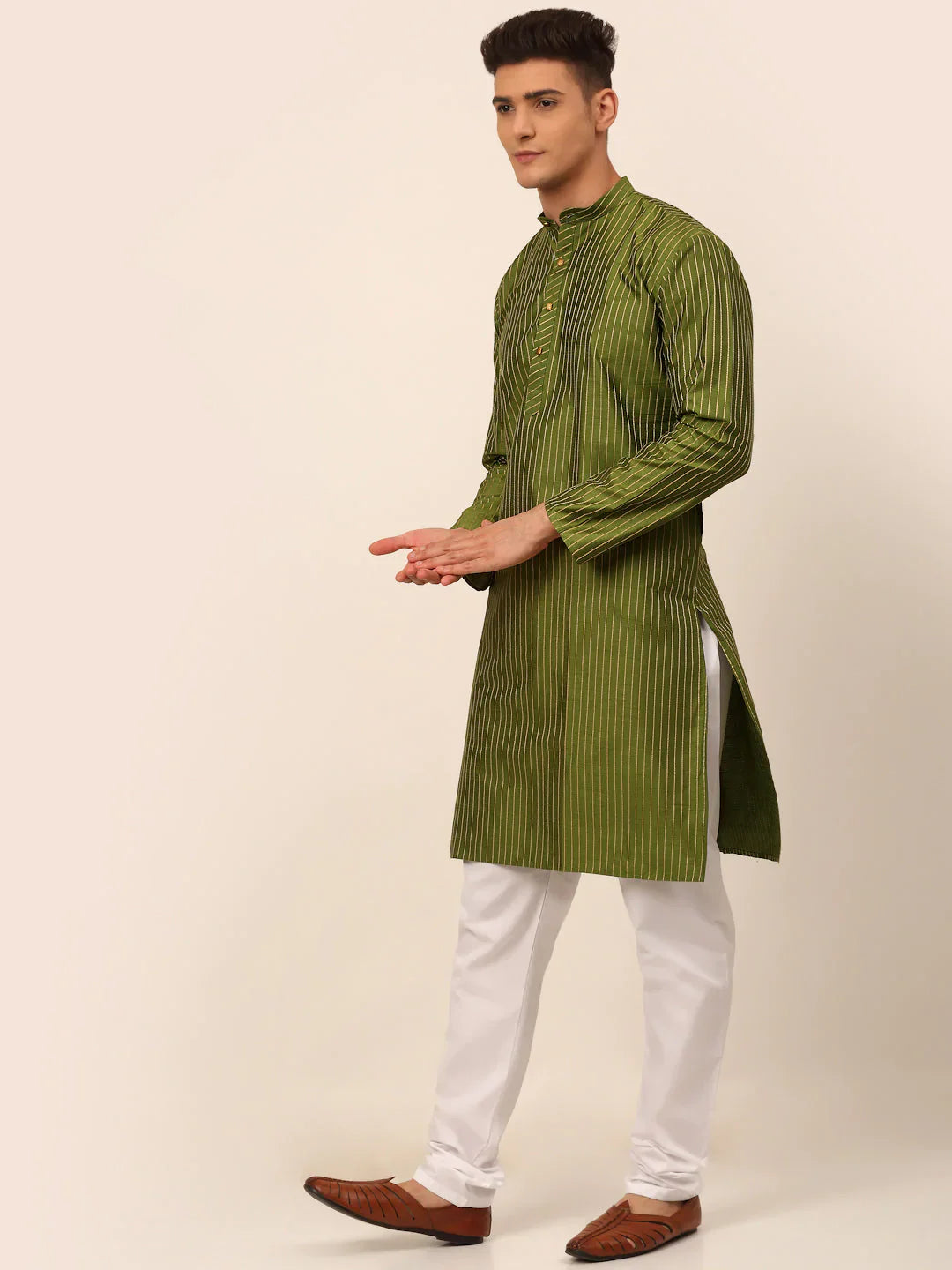 Jompers Men's Olive Green Striped Pleated Chikankari Kurta pyjama Set - Distacart
