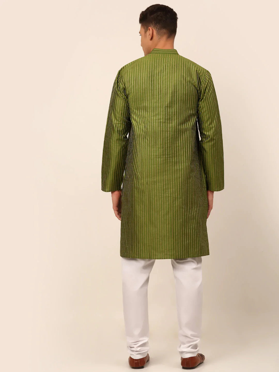 Jompers Men's Olive Green Striped Pleated Chikankari Kurta pyjama Set - Distacart