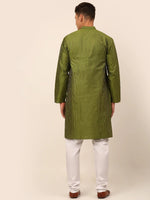 Thumbnail for Jompers Men's Olive Green Striped Pleated Chikankari Kurta pyjama Set - Distacart
