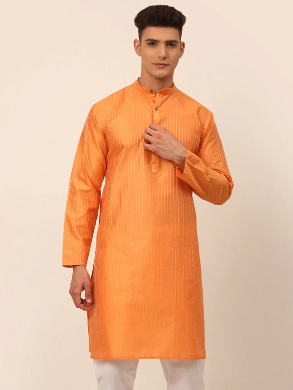Jompers Men's Peach Striped Pleated Chikankari Kurta Only - Distacart